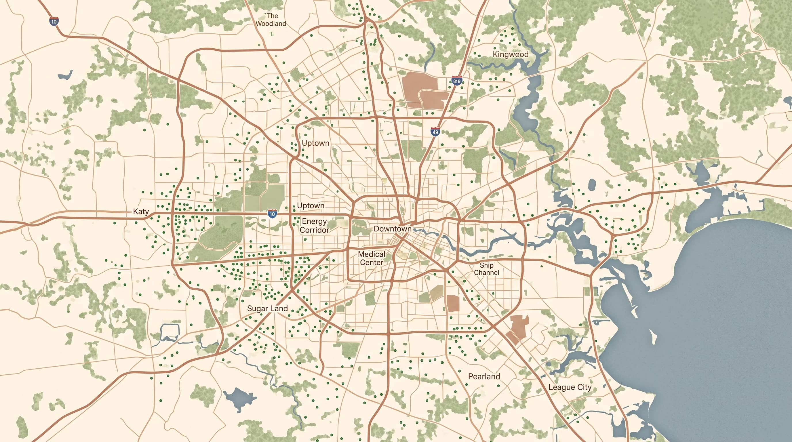 Map of Zapata Tree Service coverage area in Greater Houston
