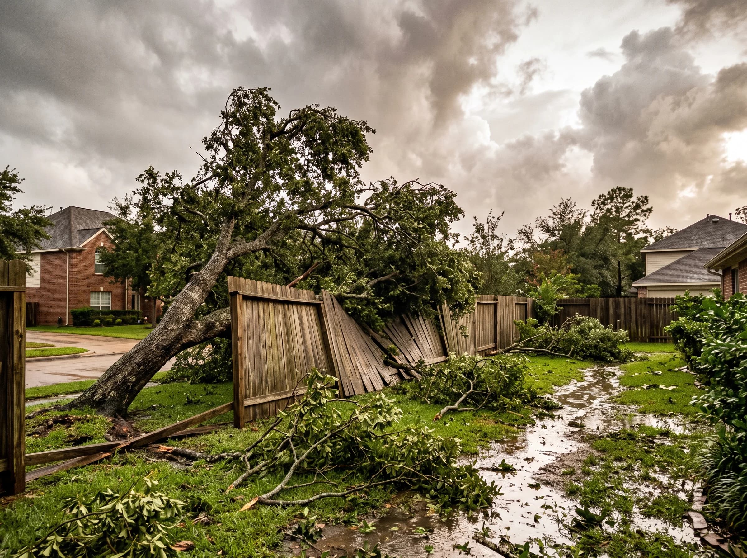 Fallen tree on fence after storm in Houston